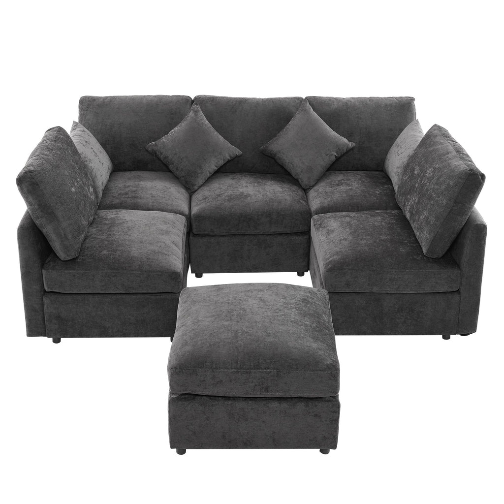 Sectional Sofa U-Shape Modular Chenille Black 5-Seat USB Ports 86.6x61.4 In