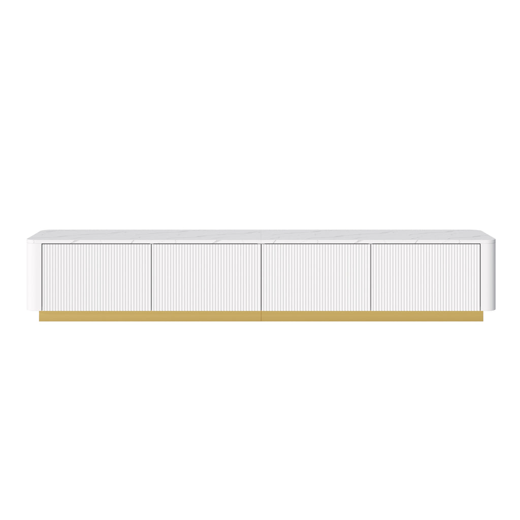 Luxury Fluted White TV Stand Faux Marble Top 4-Drawer 85