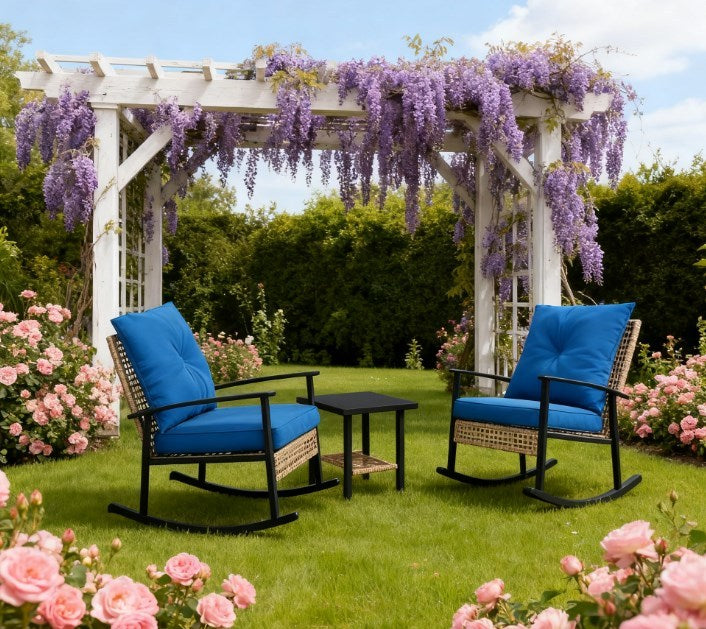 Outdoor Rocking Chair Set PE Rattan Steel Blue 3 Piece