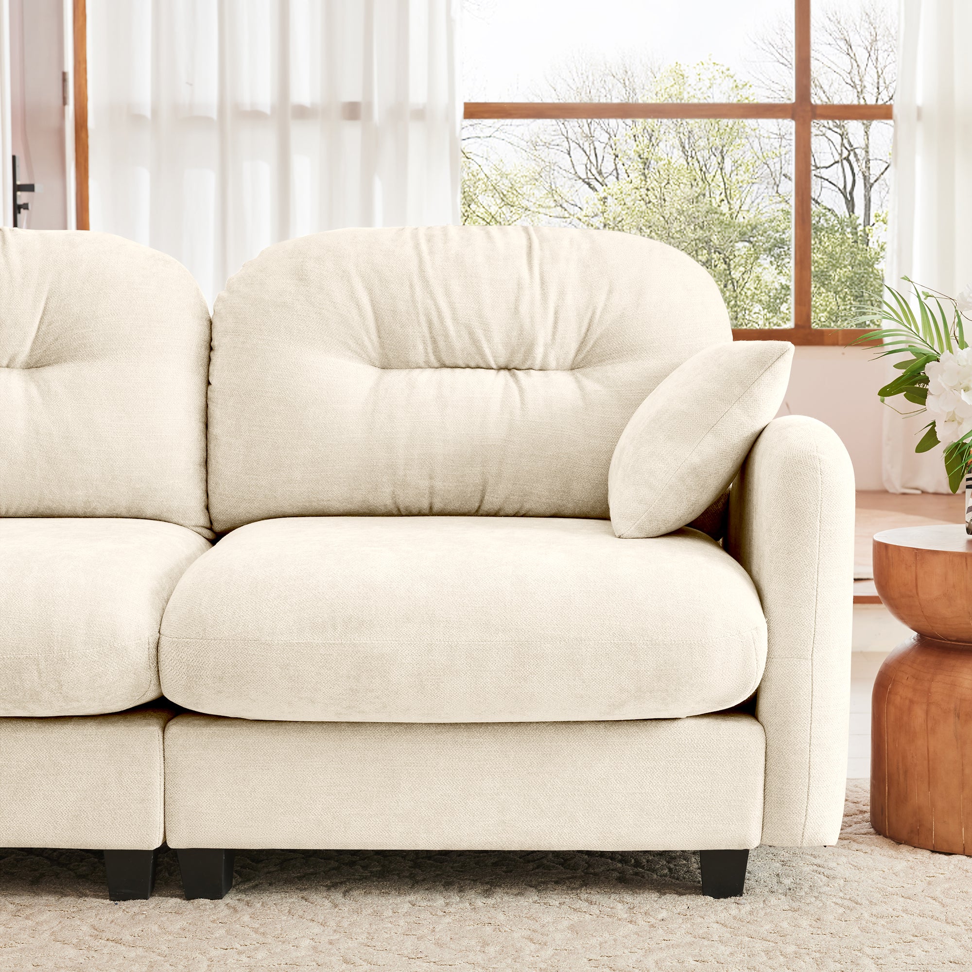 Sectional Sofa L-Shape Modular Chenille Beige 3-Seat with Ottoman