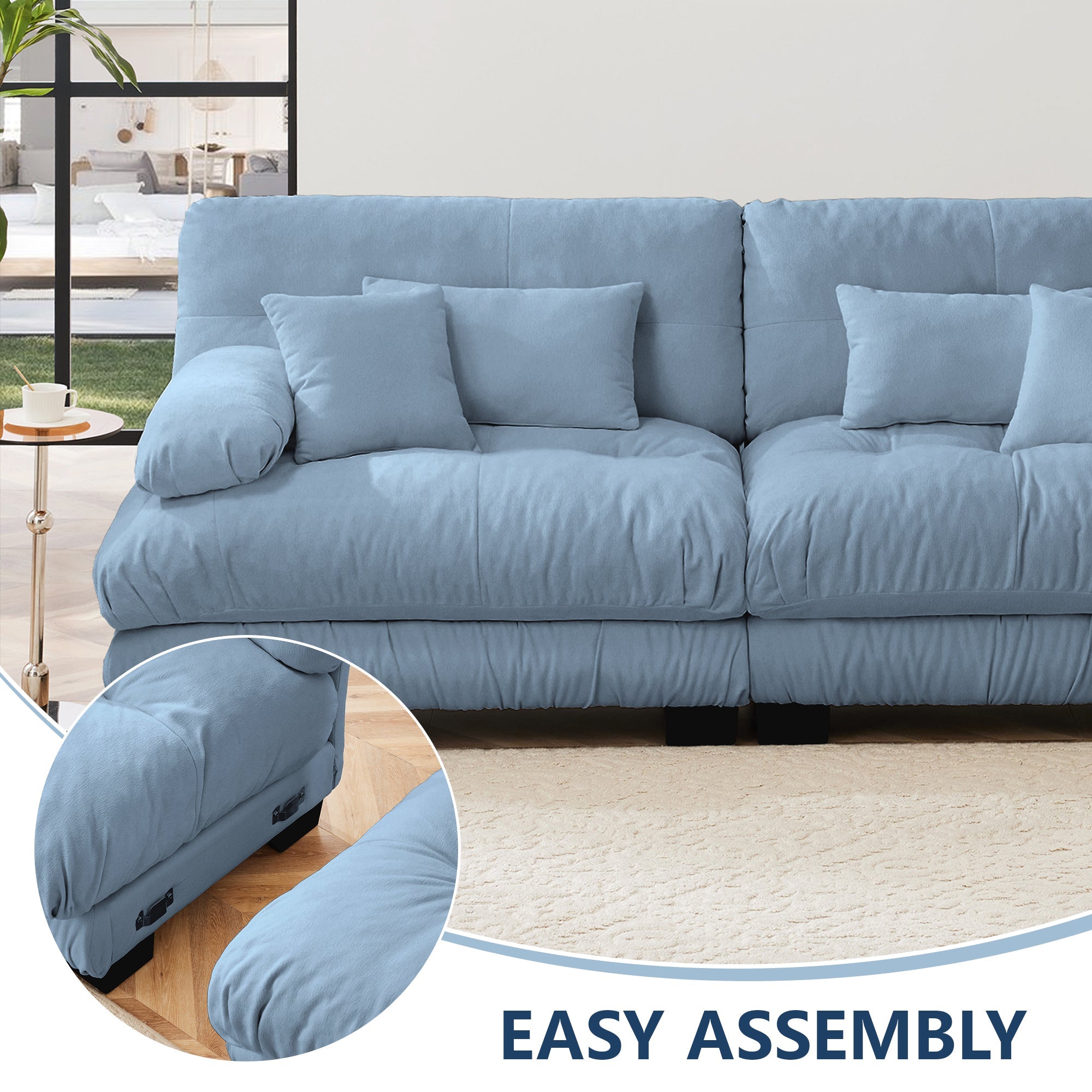 Sectional Sofa Cloud Chenille Blue 2 Seat Convertible Ottoman
