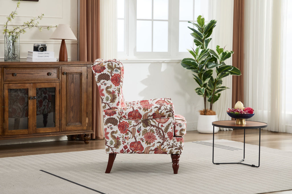 Accent Chair Wingback Linen Floral Red Pine Legs 28x30x38 In
