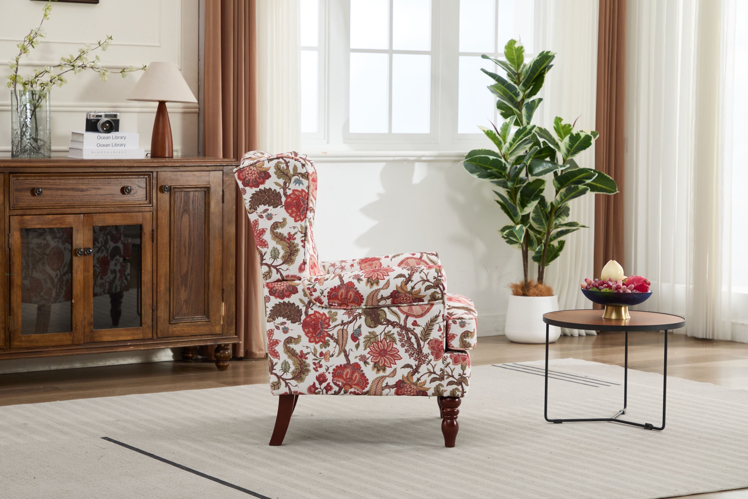 Accent Chair Wingback Linen Floral Red Pine Legs 28x30x38 In
