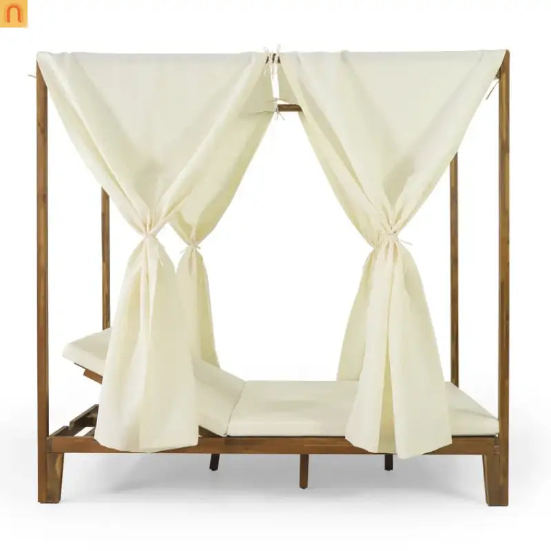 Outdoor Daybed Acacia Wood Teak Chaise Lounge with Curtains 79in