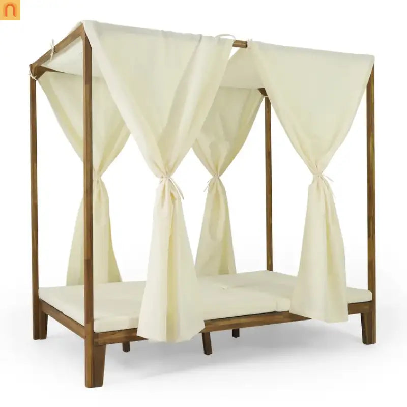 Outdoor Daybed Acacia Wood Teak Chaise Lounge with Curtains 79in