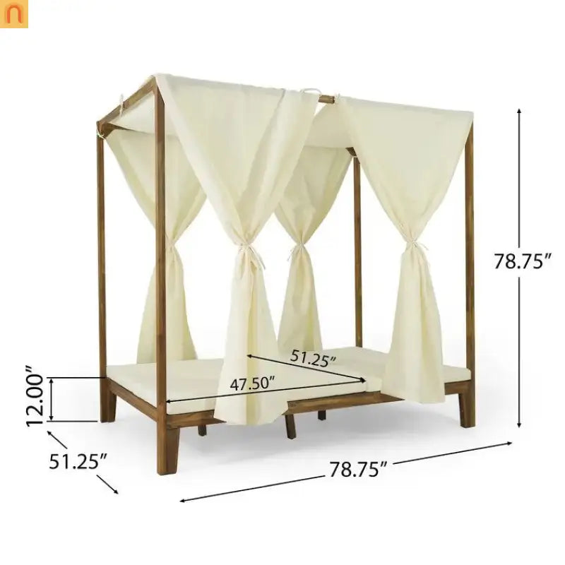 Outdoor Daybed Acacia Wood Teak Chaise Lounge with Curtains 79in