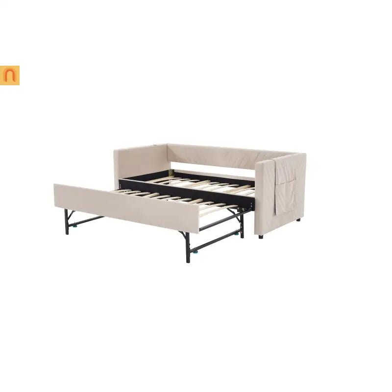 Chaise Lounge Velvet Beige Twin Trundle USB Port Side Pockets
