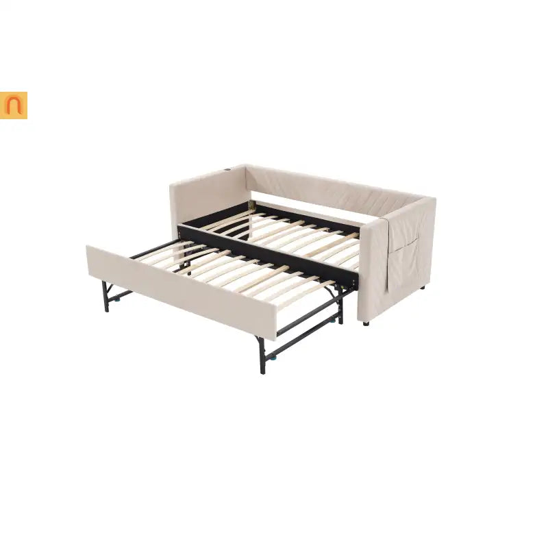 Chaise Lounge Velvet Beige Twin Trundle USB Port Side Pockets