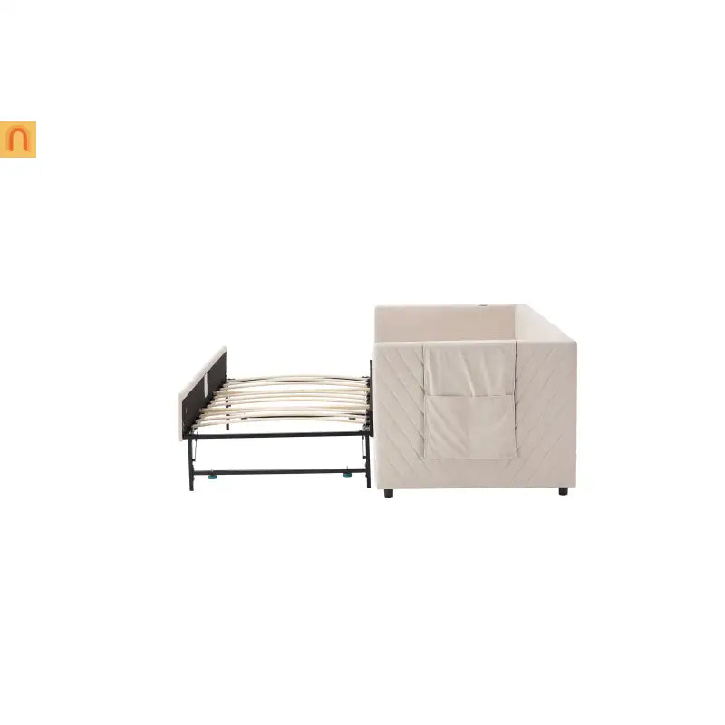 Chaise Lounge Velvet Beige Twin Trundle USB Port Side Pockets