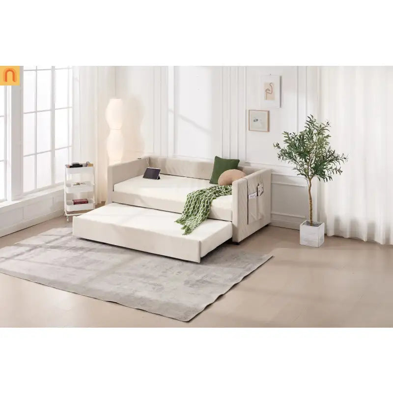 Chaise Lounge Velvet Beige Twin Trundle USB Port Side Pockets