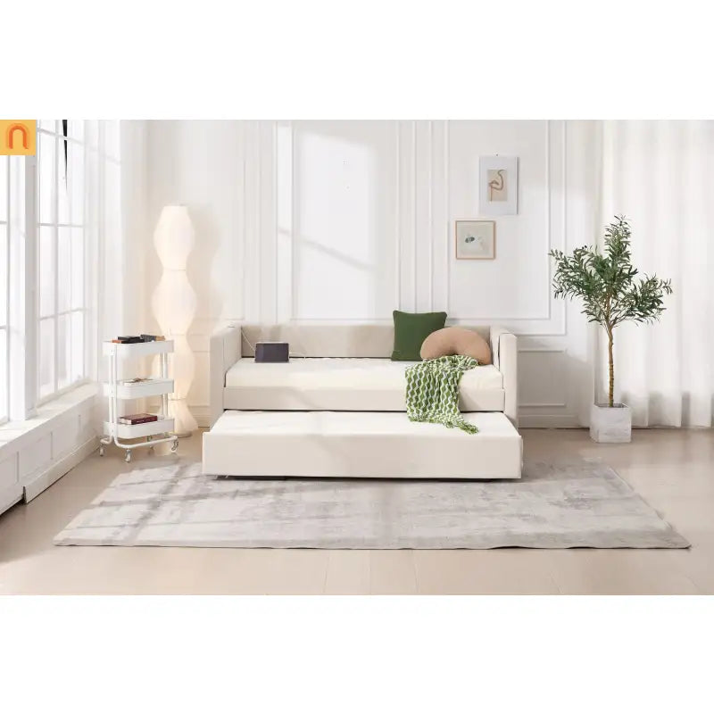 Chaise Lounge Velvet Beige Twin Trundle USB Port Side Pockets