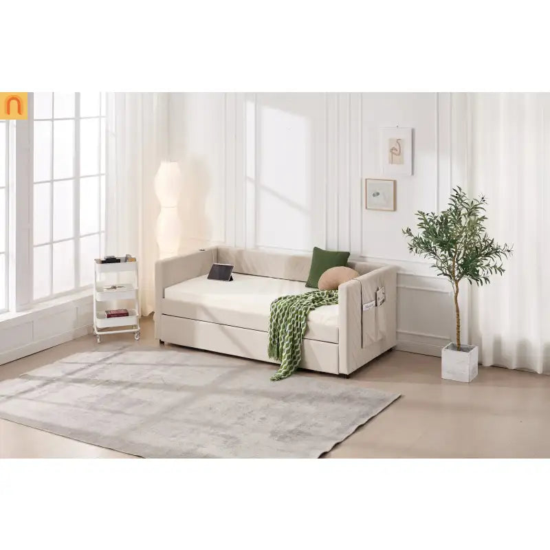 Chaise Lounge Velvet Beige Twin Trundle USB Port Side Pockets