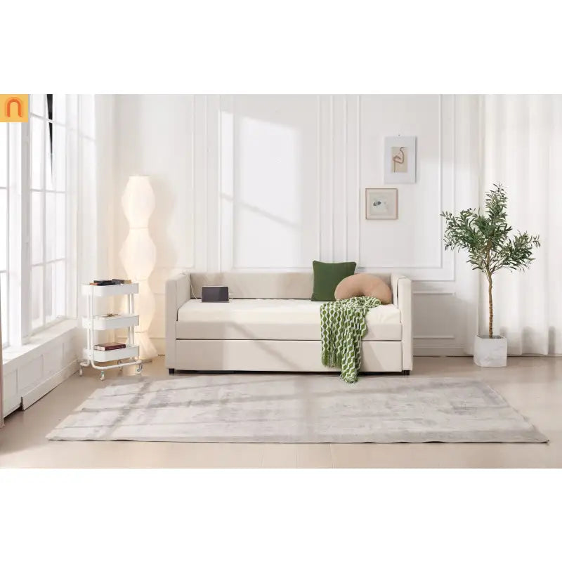 Chaise Lounge Velvet Beige Twin Trundle USB Port Side Pockets