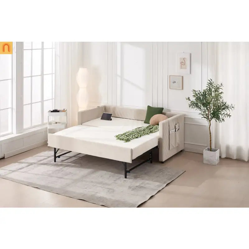 Chaise Lounge Velvet Beige Twin Trundle USB Port Side Pockets