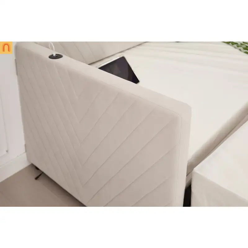 Chaise Lounge Velvet Beige Twin Trundle USB Port Side Pockets