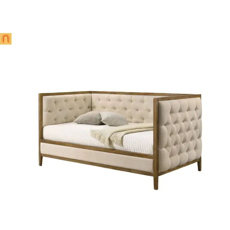 Chaise Lounge Daybed Oak Fabric Diamond Tufted Twin 83in