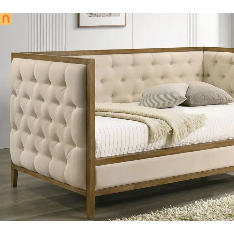 Chaise Lounge Daybed Oak Fabric Diamond Tufted Twin 83in