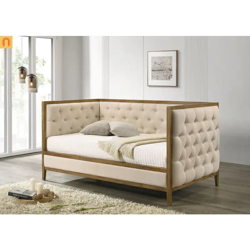 Chaise Lounge Daybed Oak Fabric Diamond Tufted Twin 83in