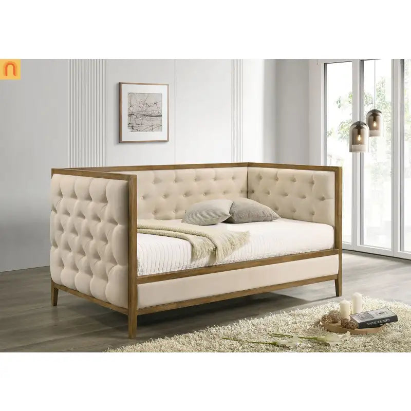 Chaise Lounge Daybed Oak Fabric Diamond Tufted Twin 83in