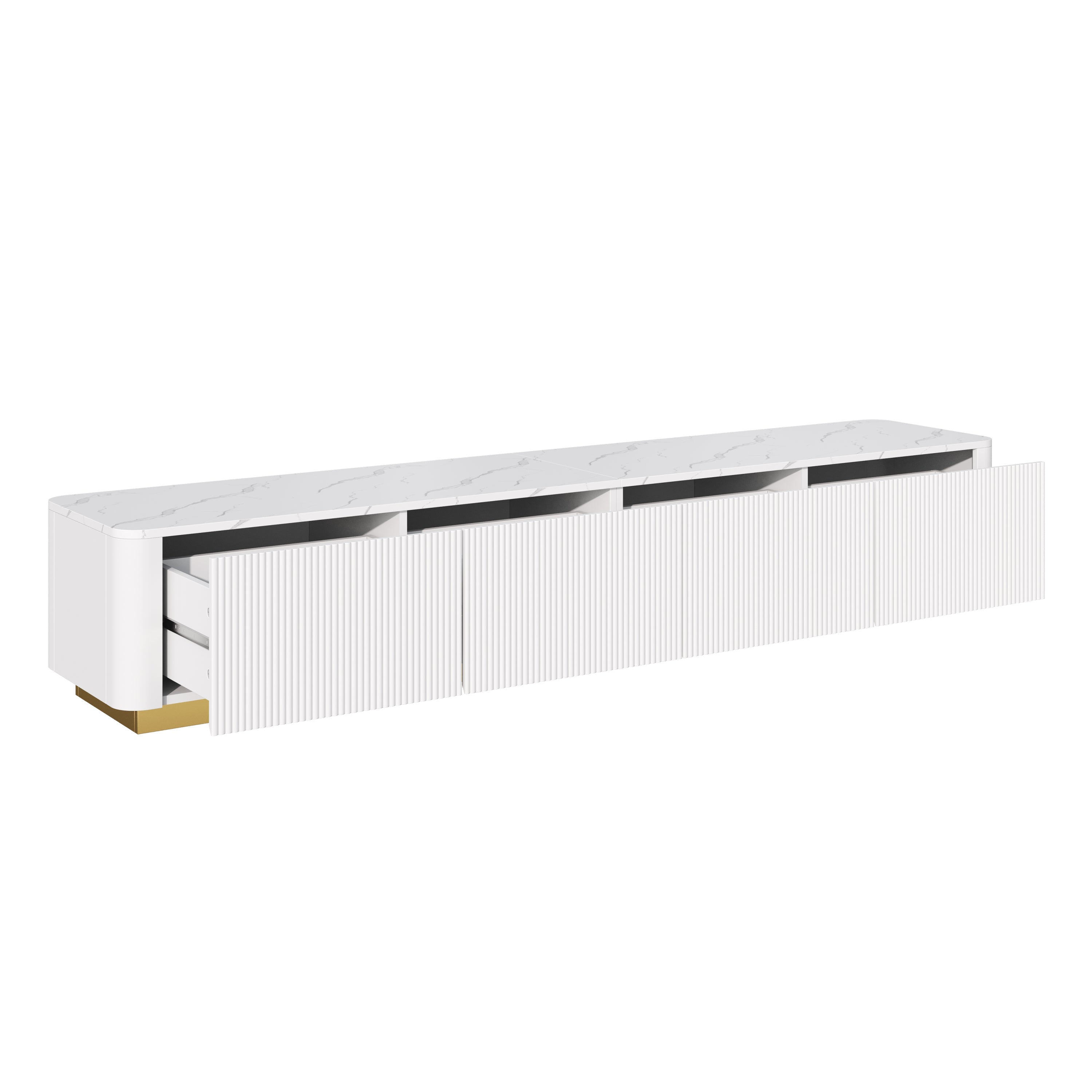 Luxury Fluted White TV Stand Faux Marble Top 4-Drawer 85