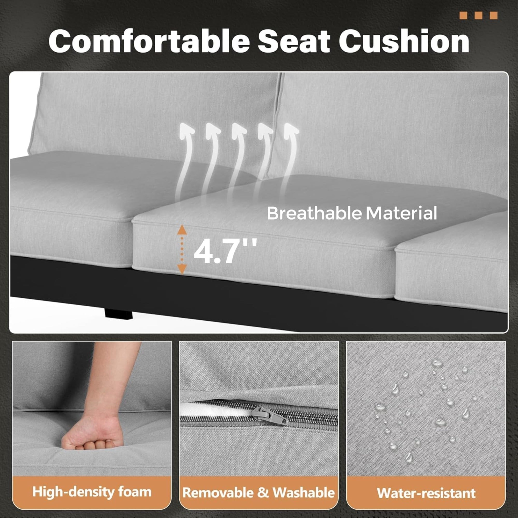 Outdoor Sofa Aluminum Black Light Gray Cushions 3 Seat 75in