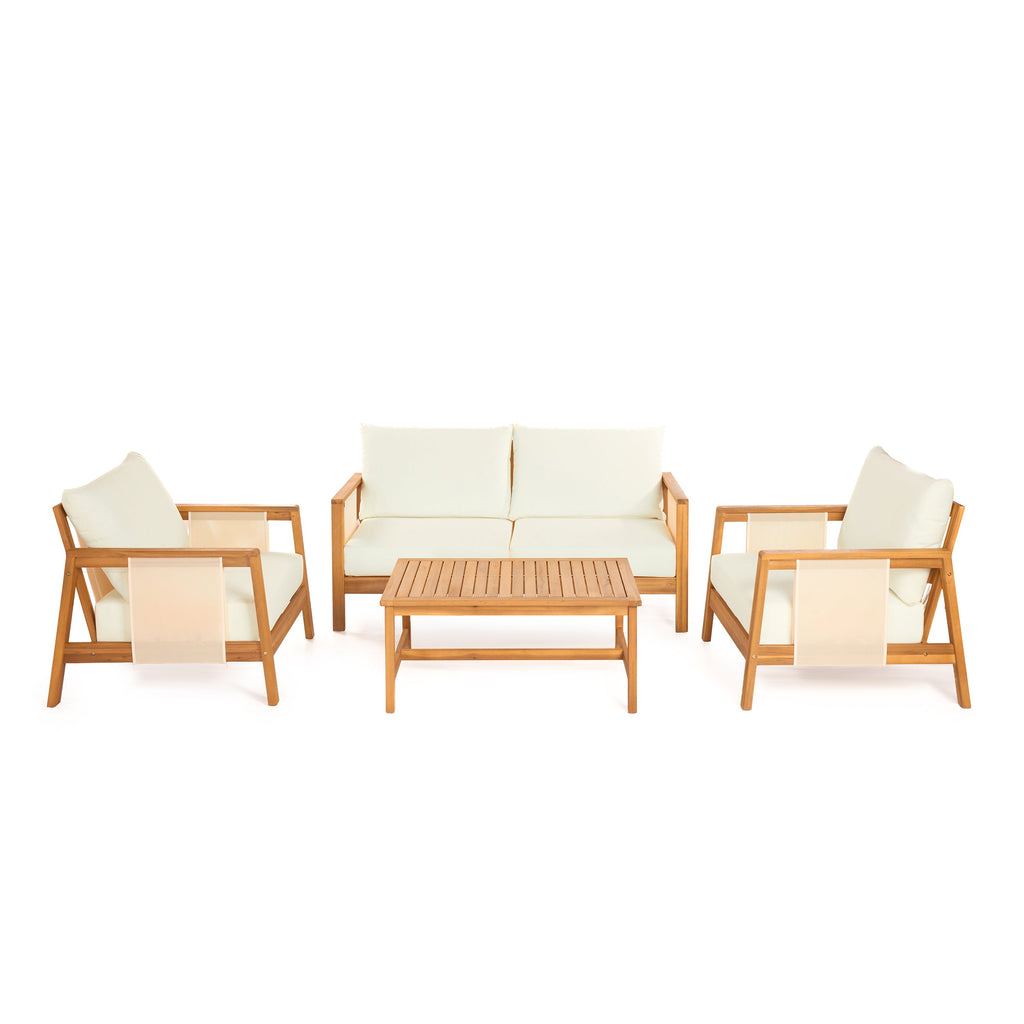 Outdoor Sofa Set Acacia Wood Textilene Teak Beige 4 Piece Seats 4