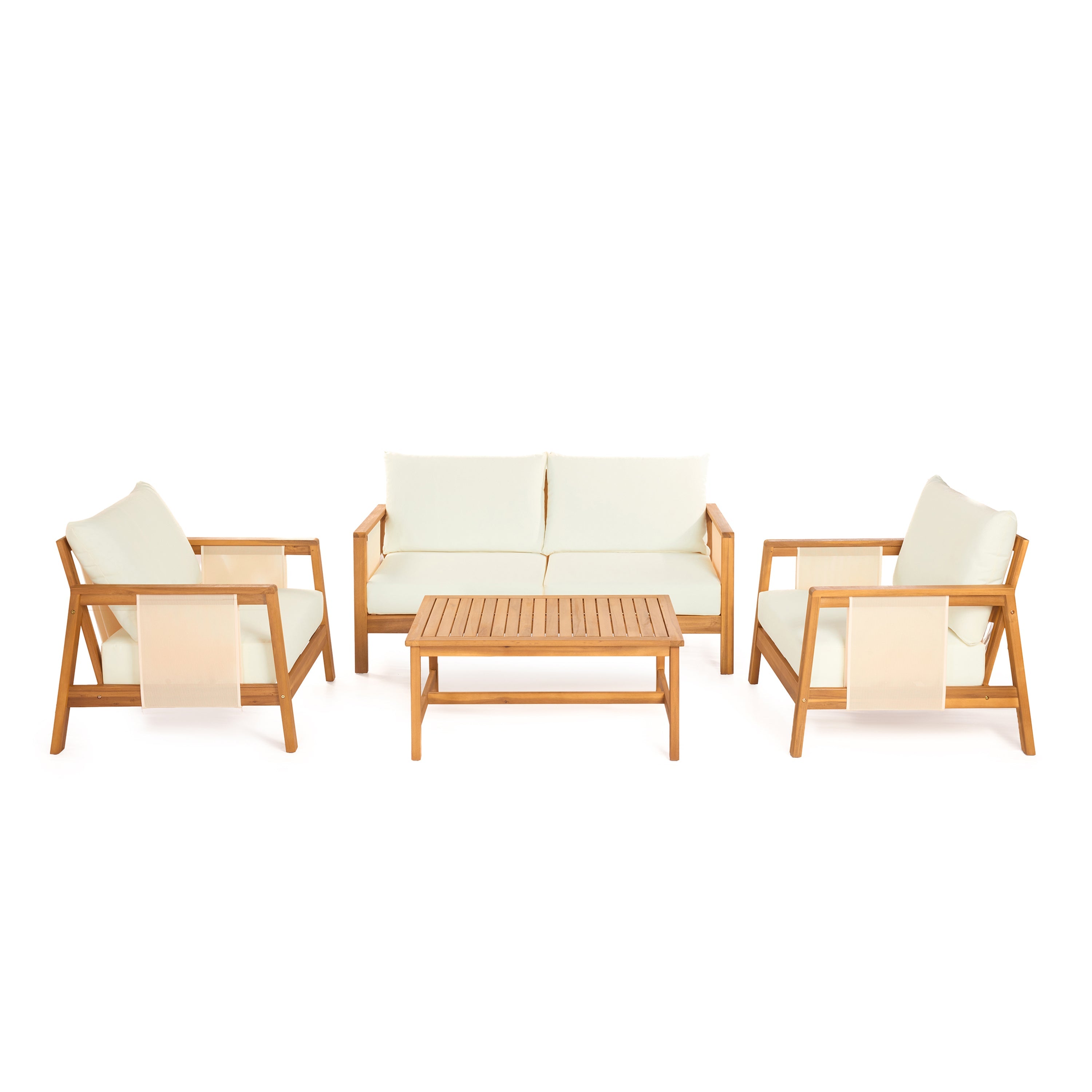 Outdoor Sofa Set Acacia Wood Textilene Teak Beige 4 Piece Seats 4