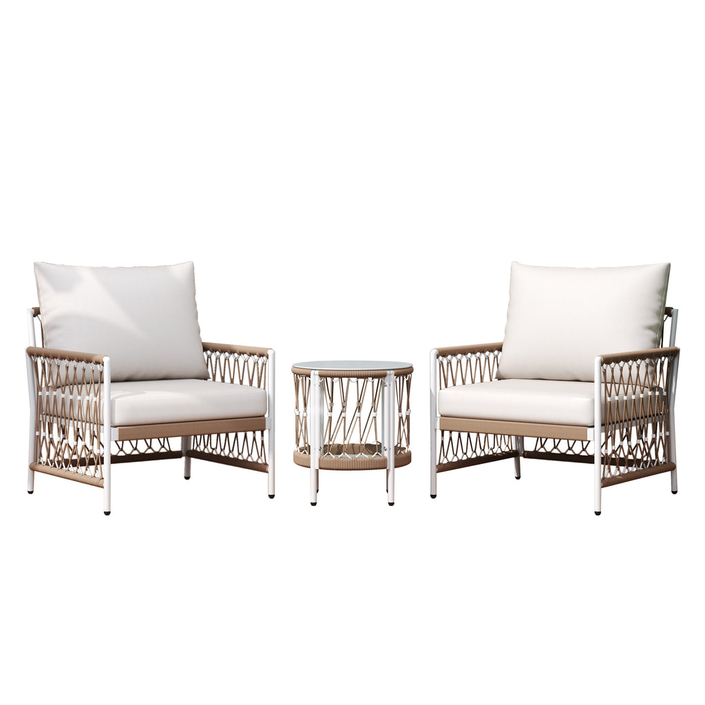 Outdoor Patio Set Bohemian Rope Steel Beige 3 Piece Glass Top Table