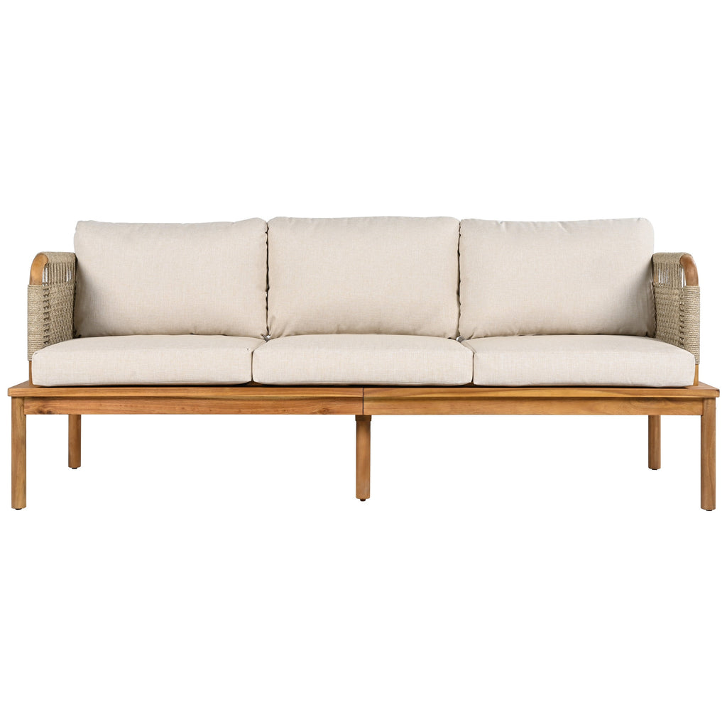 Outdoor Sofa Set Acacia Wood Rope 4 Piece Teak Beige