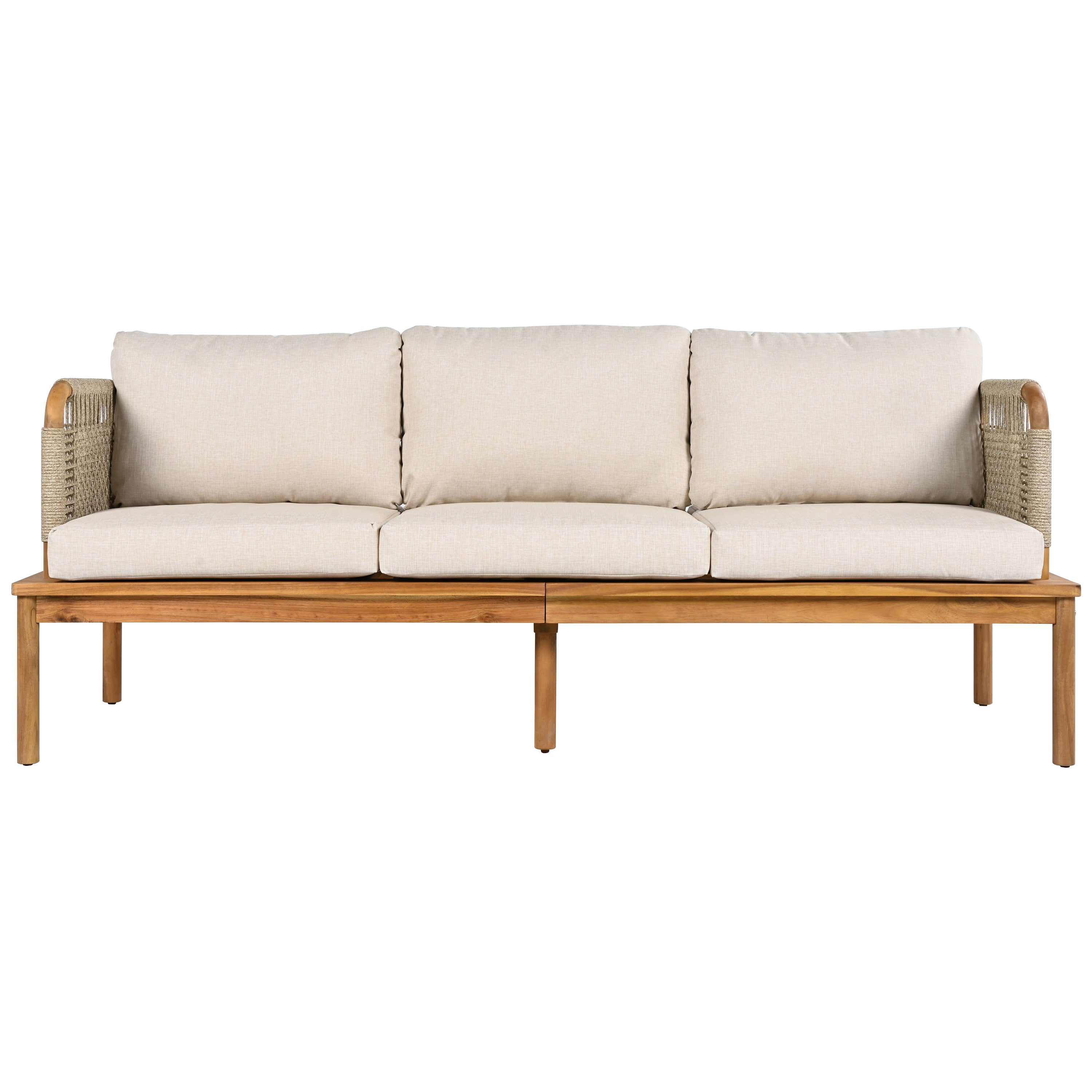 Outdoor Sofa Set Acacia Wood Rope 4 Piece Teak Beige