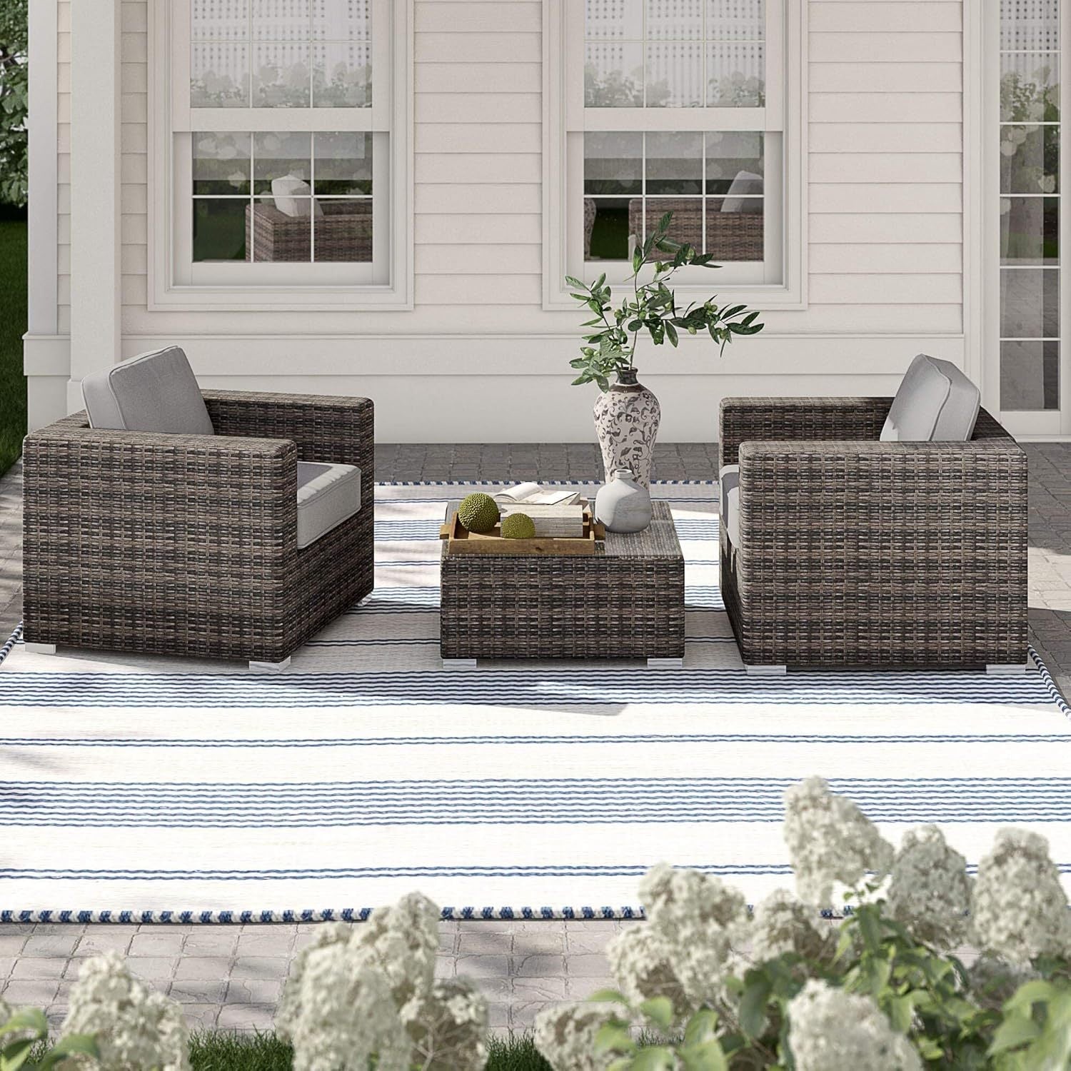 Outdoor Sofa Set Wicker Rattan Aluminum Gray 3 Piece Assembled