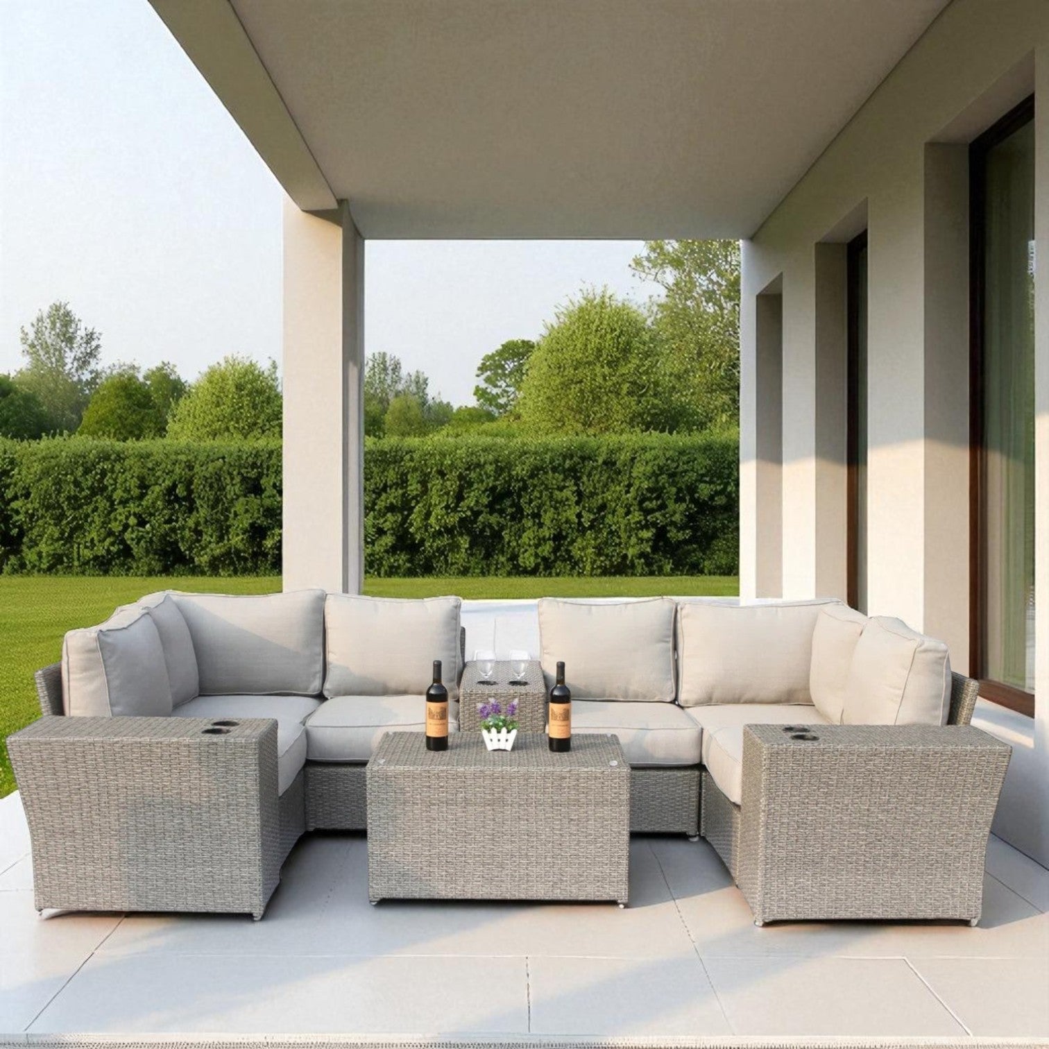 Outdoor Sectional Set HDPE Wicker Aluminum Gray 10 Piece 135 x 74 In