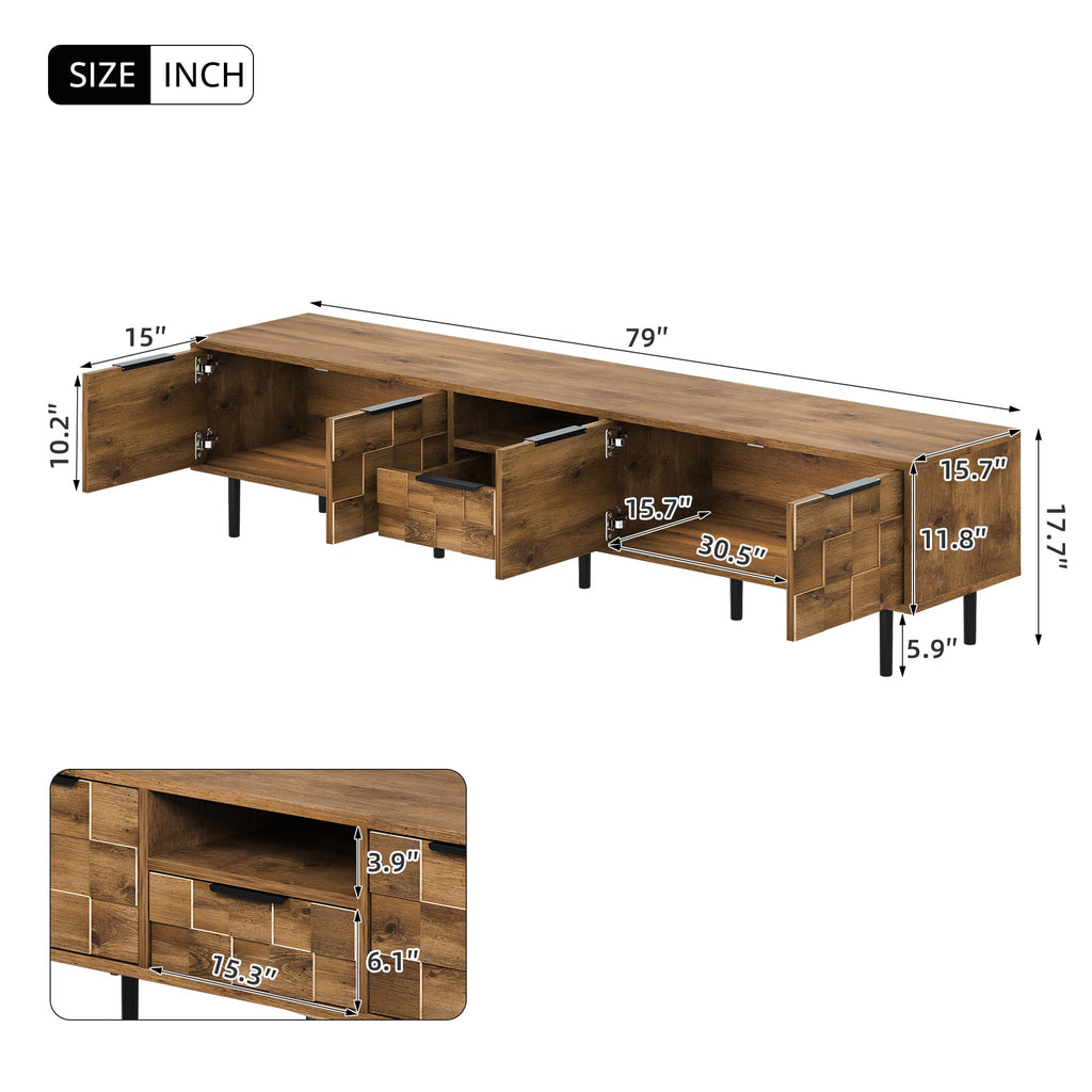 TV Stand Natural Wood Checkered MDF Soft-Close Doors Fits 85 In TV 78.7 In