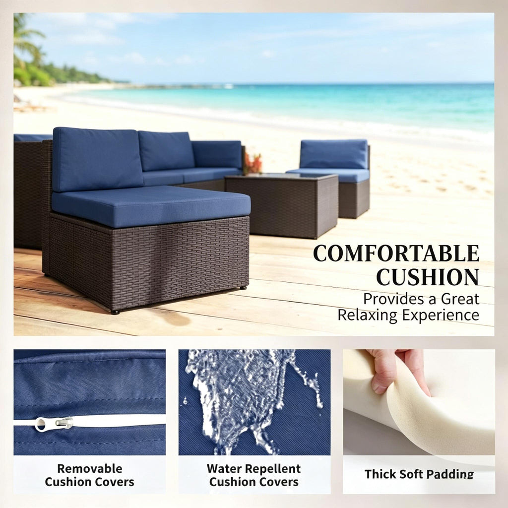 Outdoor Sectional Set PE Rattan Metal Dark Blue Black 7 Piece 264 LB