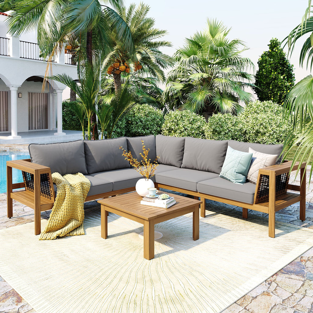 Outdoor Sofa Set Acacia Wood Rope Gray Cushion 4 Piece L-Shape Seats 6