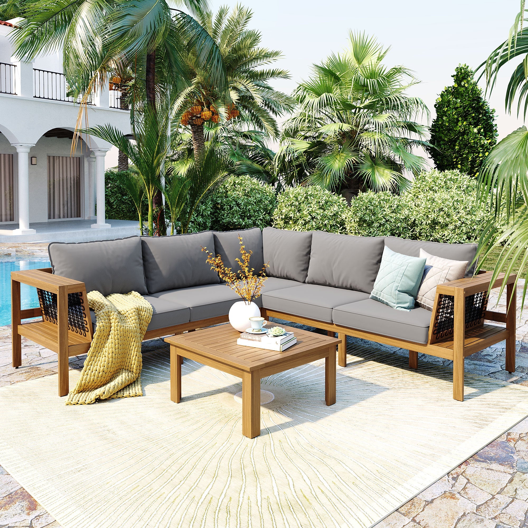 Outdoor Sofa Set Acacia Wood Rope Gray Cushion 4 Piece L-Shape Seats 6