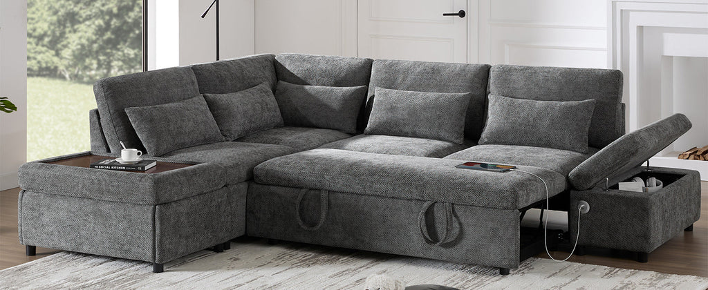 Sofa Bed L-Shape Chenille Gray 6 Seat Pull-Out USB Ports 107 In