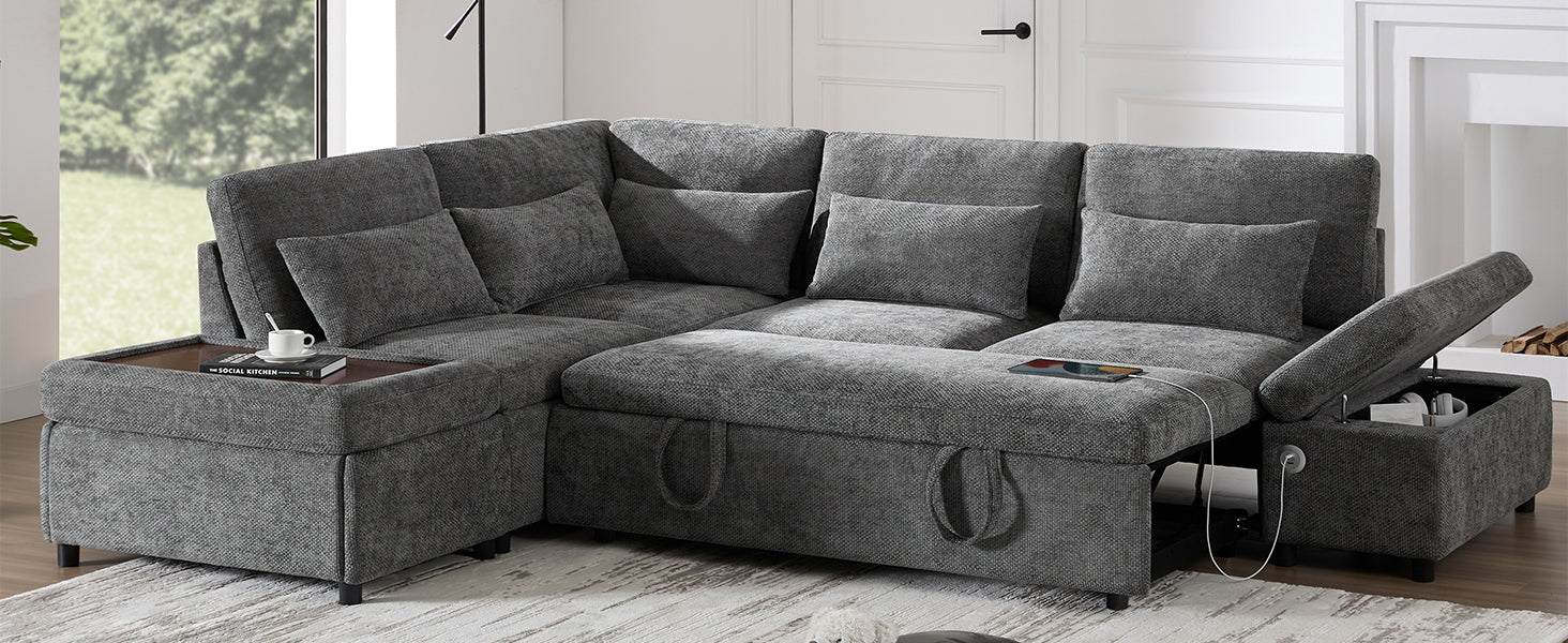 Sofa Bed L-Shape Chenille Gray 6 Seat Pull-Out USB Ports 107 In