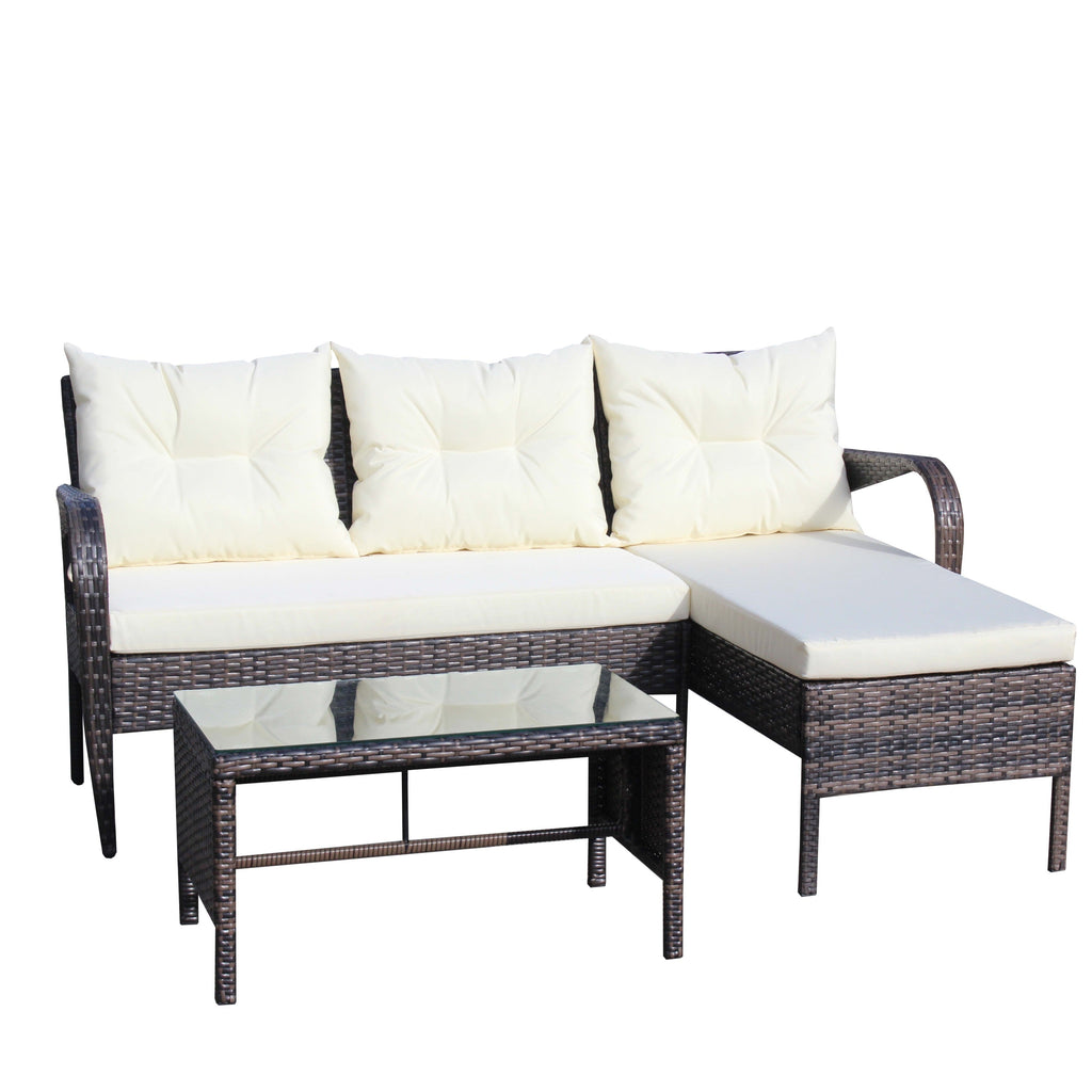 Outdoor Sectional Set PE Rattan Steel Brown Beige Cushion 3 Piece 560 LB