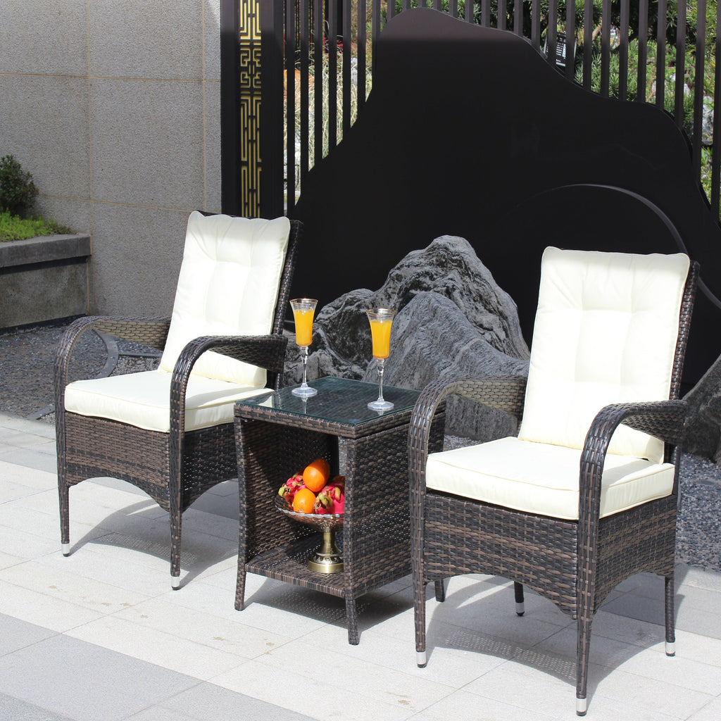 Outdoor Conversation Set PE Rattan Steel Brown Beige Cushion 3 Piece