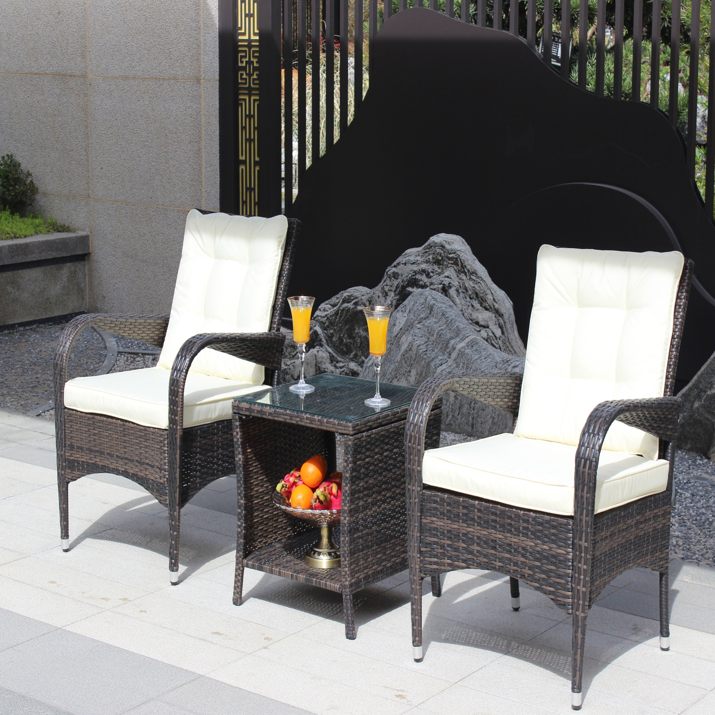 Outdoor Conversation Set PE Rattan Steel Brown Beige Cushion 3 Piece