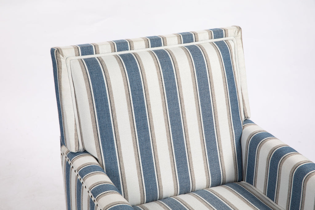 Accent Chair Vintage Striped Linen Blue White Nailhead Solid Wood Legs