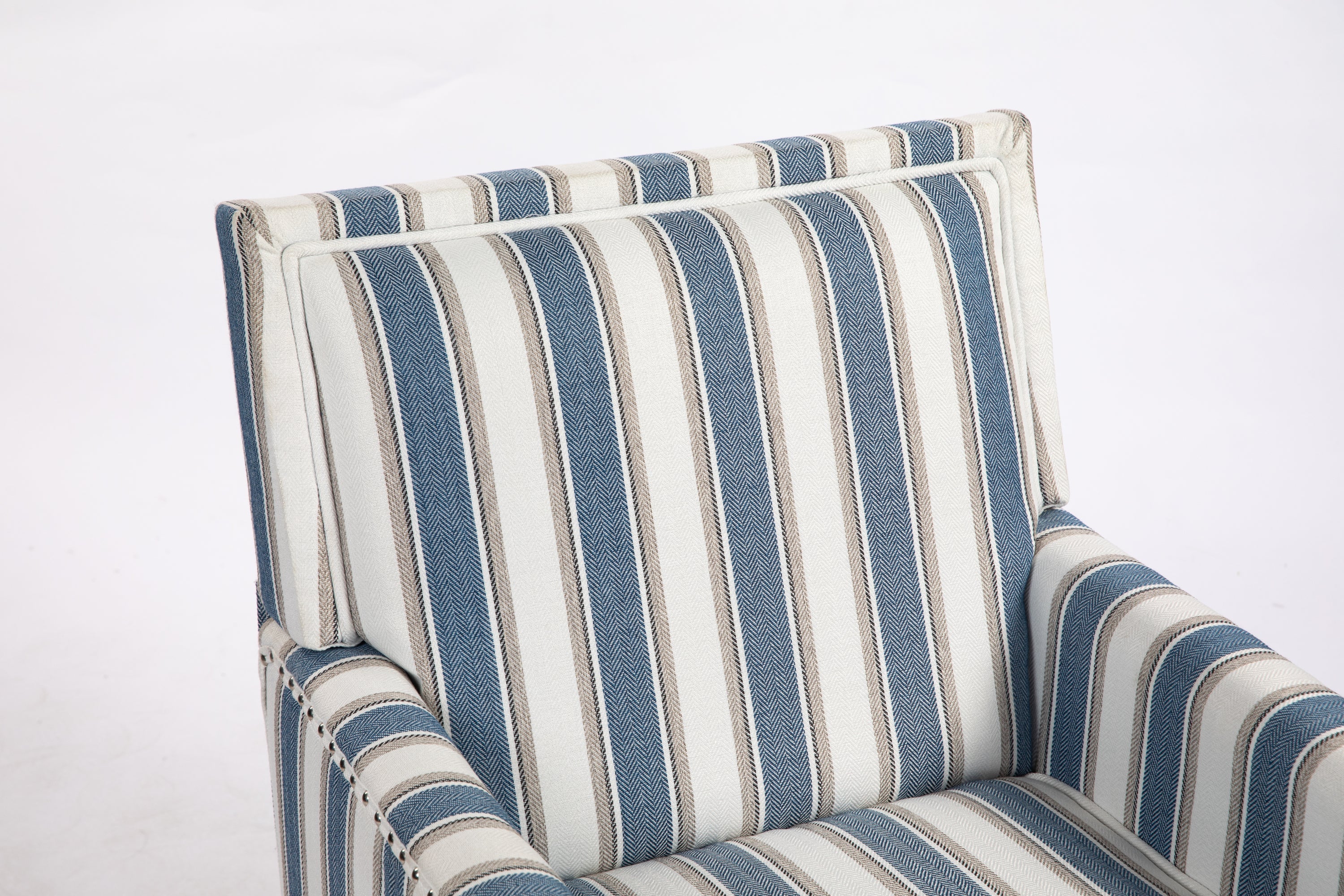 Accent Chair Vintage Striped Linen Blue White Nailhead Solid Wood Legs