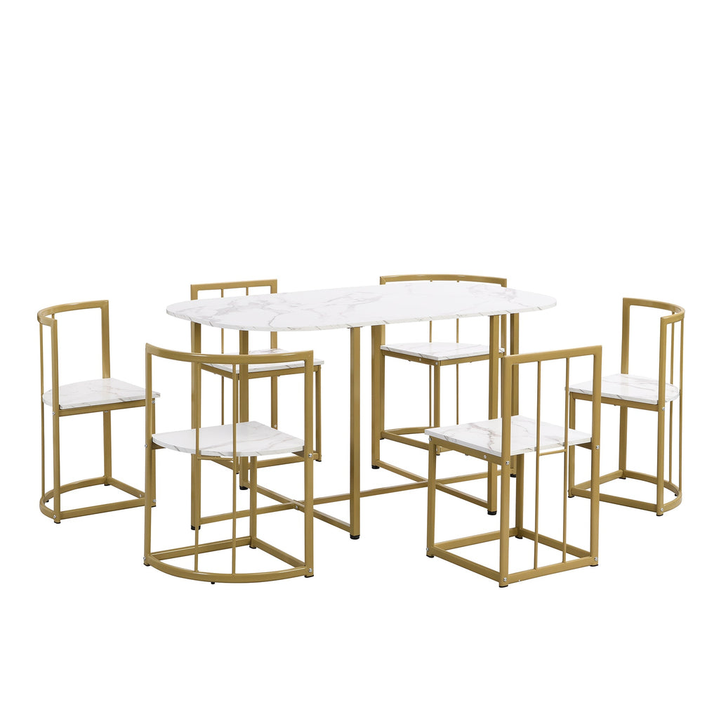 Modern 7-Piece Dining Table Set with Faux Marble Compact 55 In Kitchen Table Set for 6