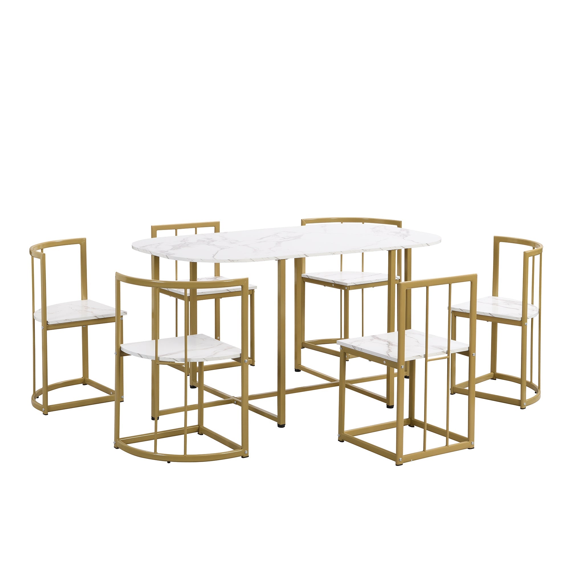 Modern 7-Piece Dining Table Set with Faux Marble Compact 55 In Kitchen Table Set for 6