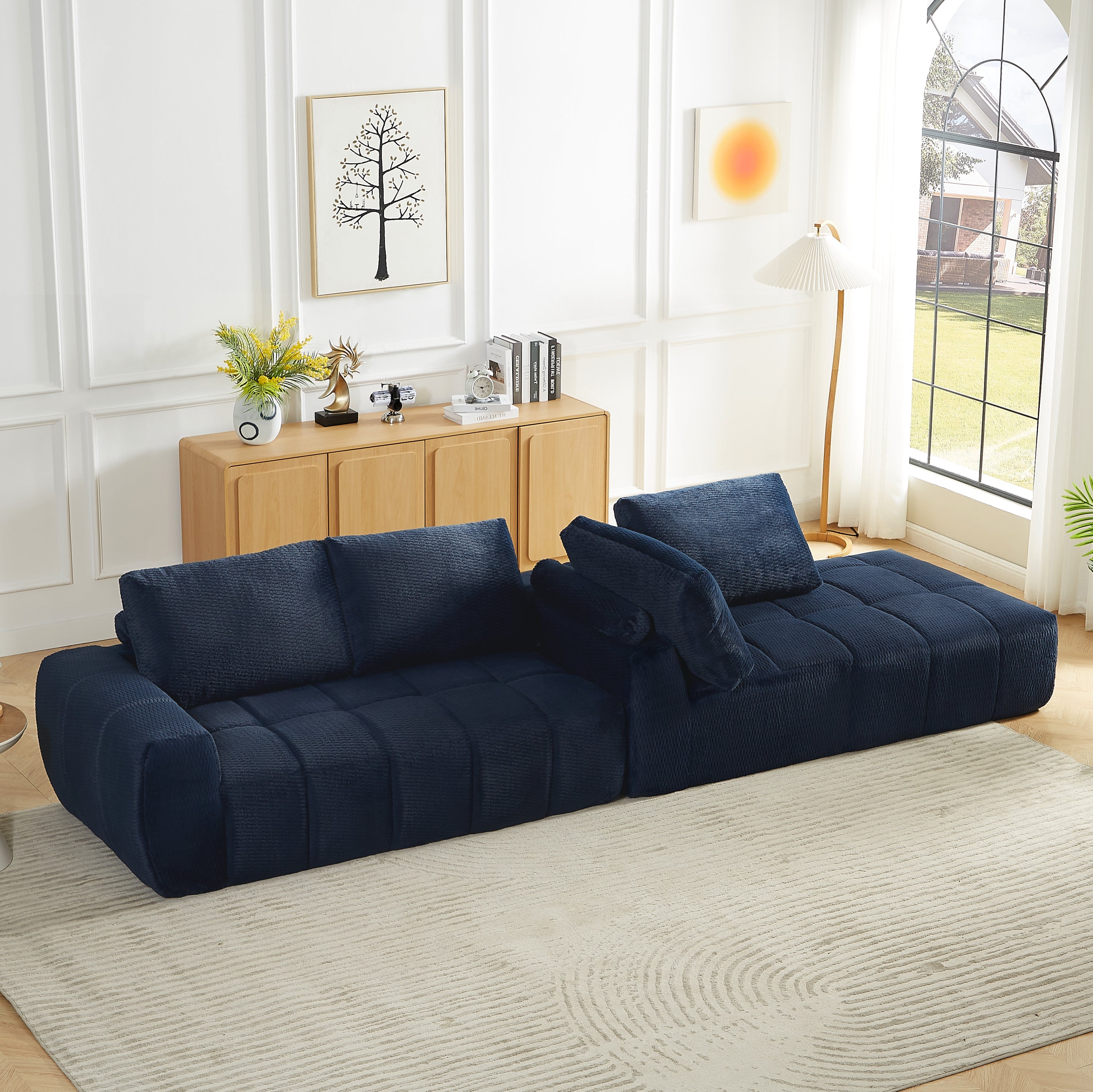 Sectional Sofa L-Shape Faux Fur Dark Blue 4 Seat Sleeper No Assembly