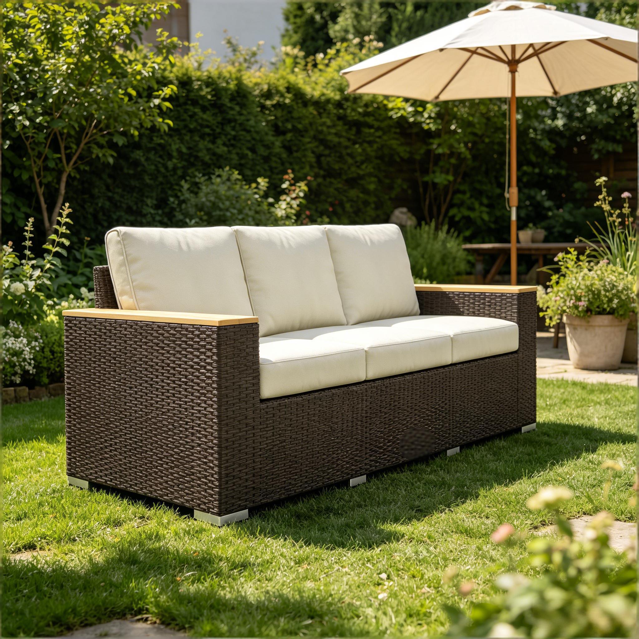 Outdoor Sofa PE Rattan Beige 3 Seat 89in Deep Seat 726 LB
