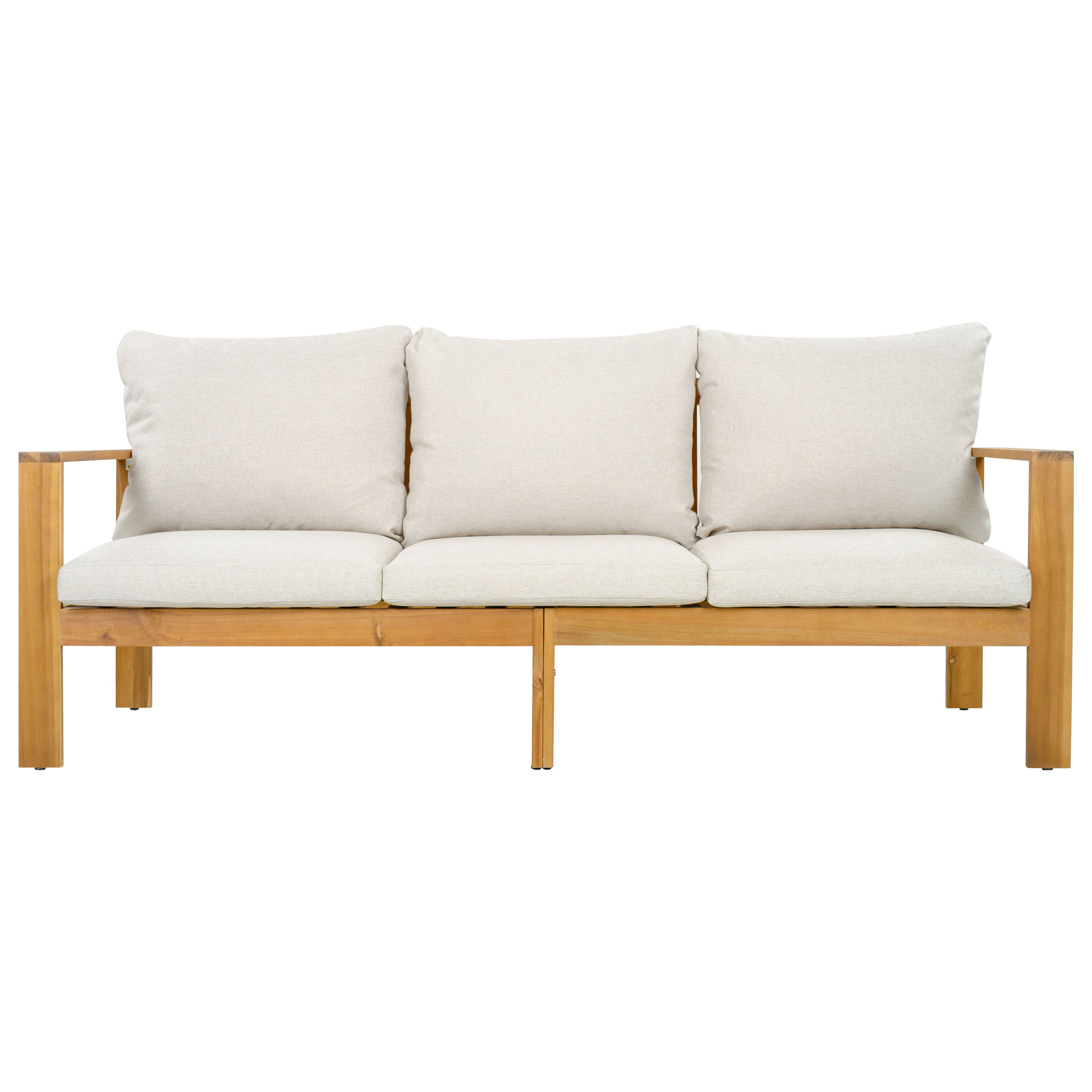 Outdoor Patio Set Acacia Wood Teak Beige Gray 3 Piece Sofa Ottoman