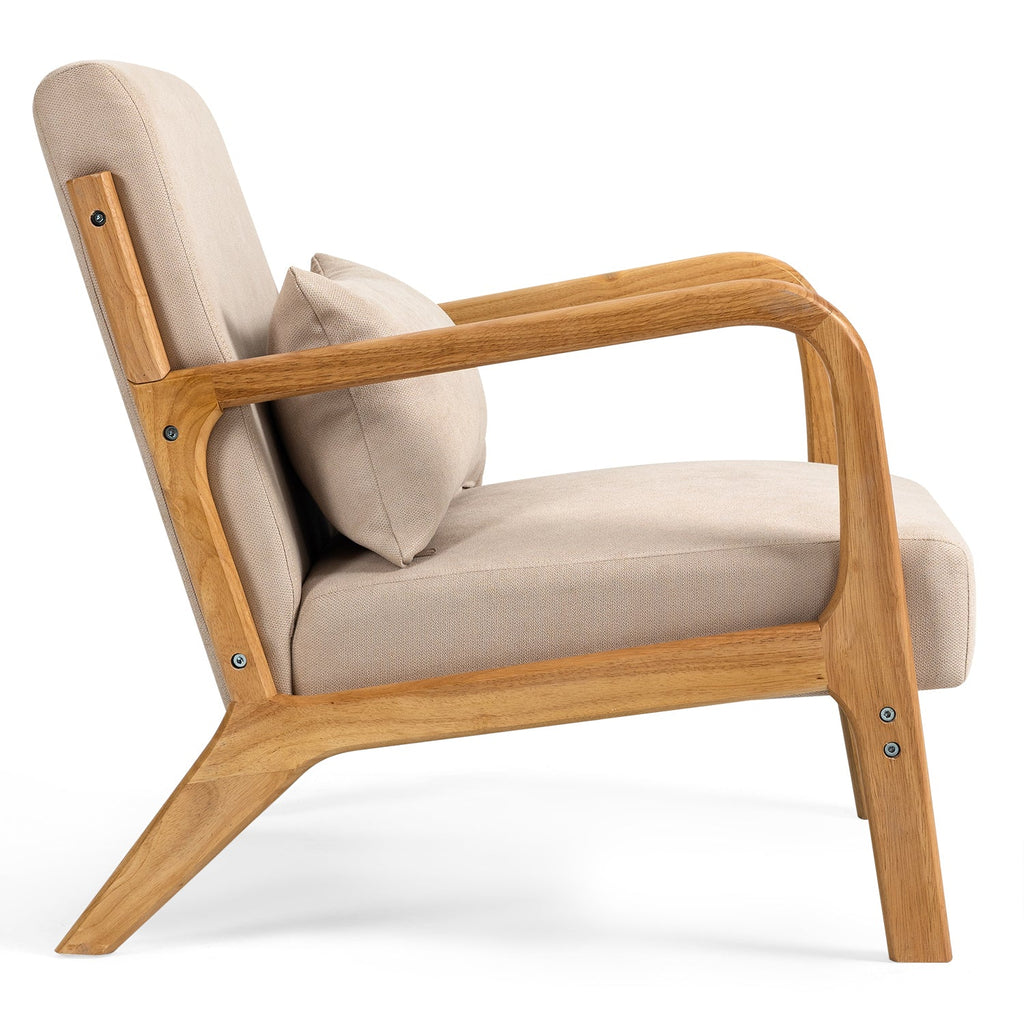 Accent Chair Mid-Century Linen Beige Solid Wood Arms and Legs 23x30x30 In