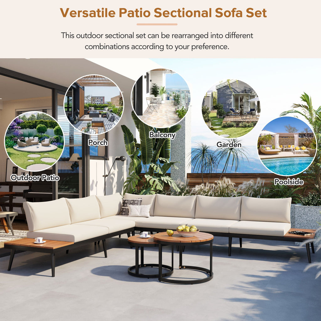 Outdoor Sectional Set Acacia Wood Steel Beige Cushion 6 Piece Seats 5